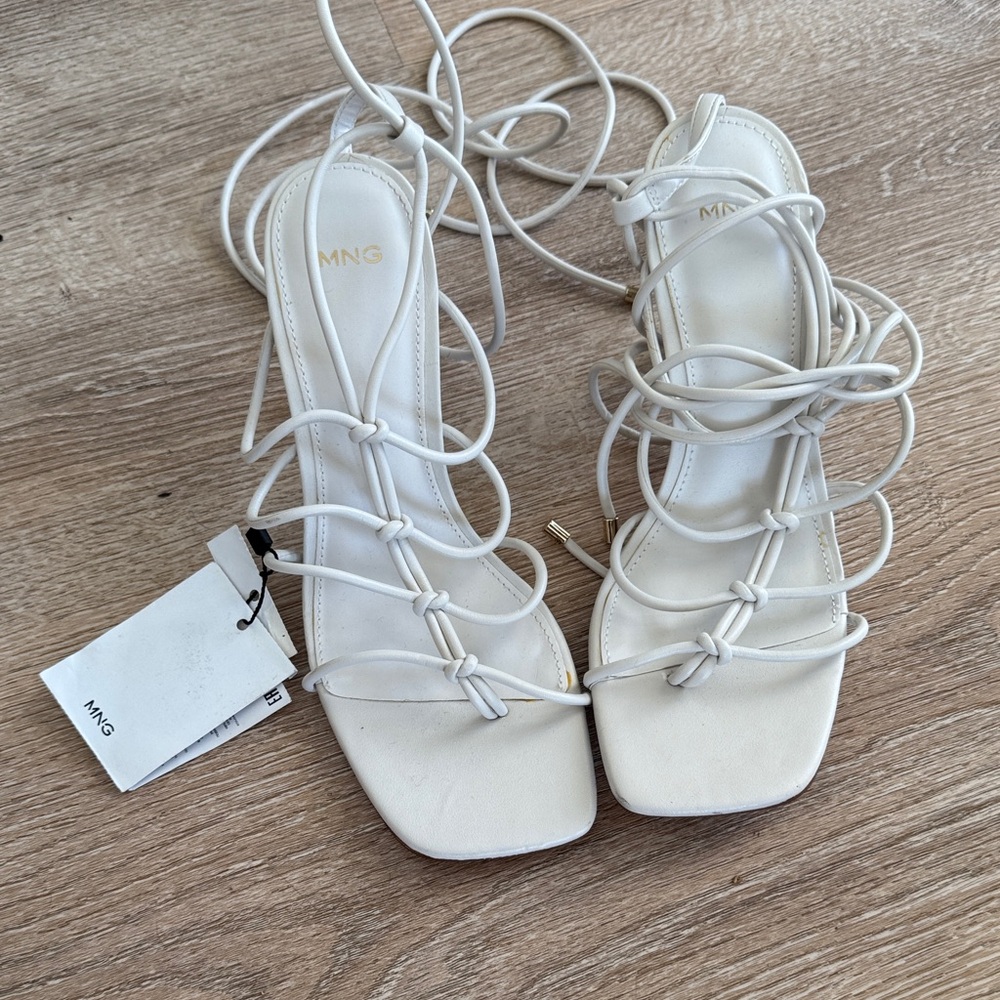 Mango Women's Cream Lace-Up Sandal Heels